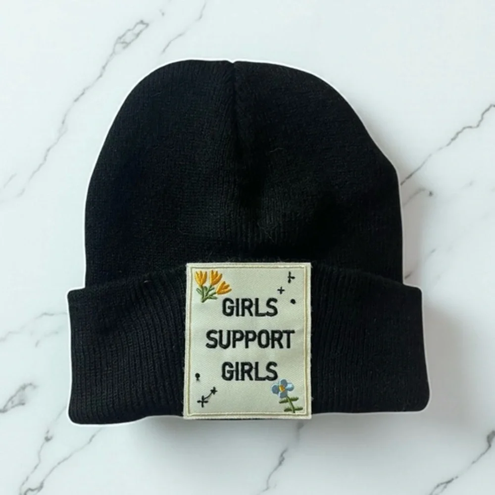 Girls Support Girls Black Knit Beanie – Feminist Embroidered Patch